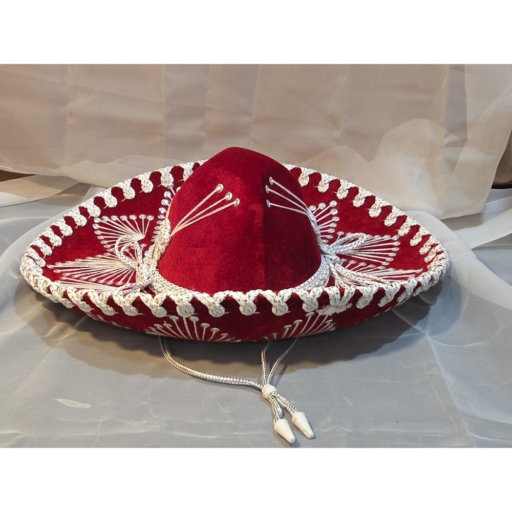 16" Authentic Handmade Mexican‎ Sombrero - Burgundy Red & White Silver